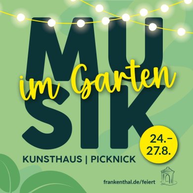 Veranstaltungsplakat mit grünem Hintergrund und dem Schriftzug "Musik im Garten"