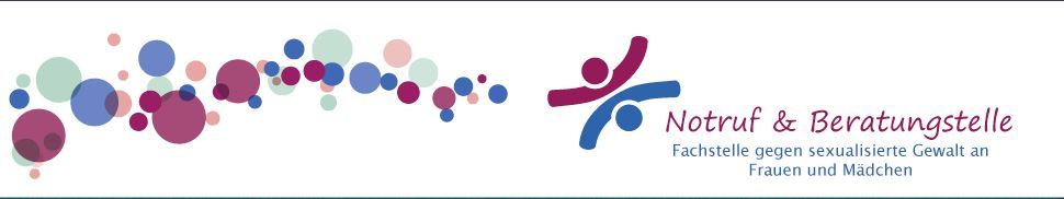 bunte Kreise in den Farben blau, grün, rot und rose in verschiedenen Größen und auf der rechte Seite steht Notruf und Beratungsstelle Fachstelle gegen sexualisierte Gewalt an Frauen und Mädchen