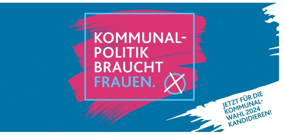 Bild zur Kampagne mit blauem Hintergrund und in pink einen farbenen Anstrich darauf mit dem Text Kommunalpolitik, in der unteren rechten Ecken ist ein Kreis mit Kreuz.