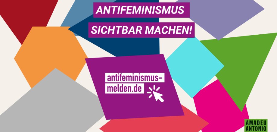 ein Rechteck in der Farbe pink ist zu sehen, darauf steht antifeminismus-melden.de