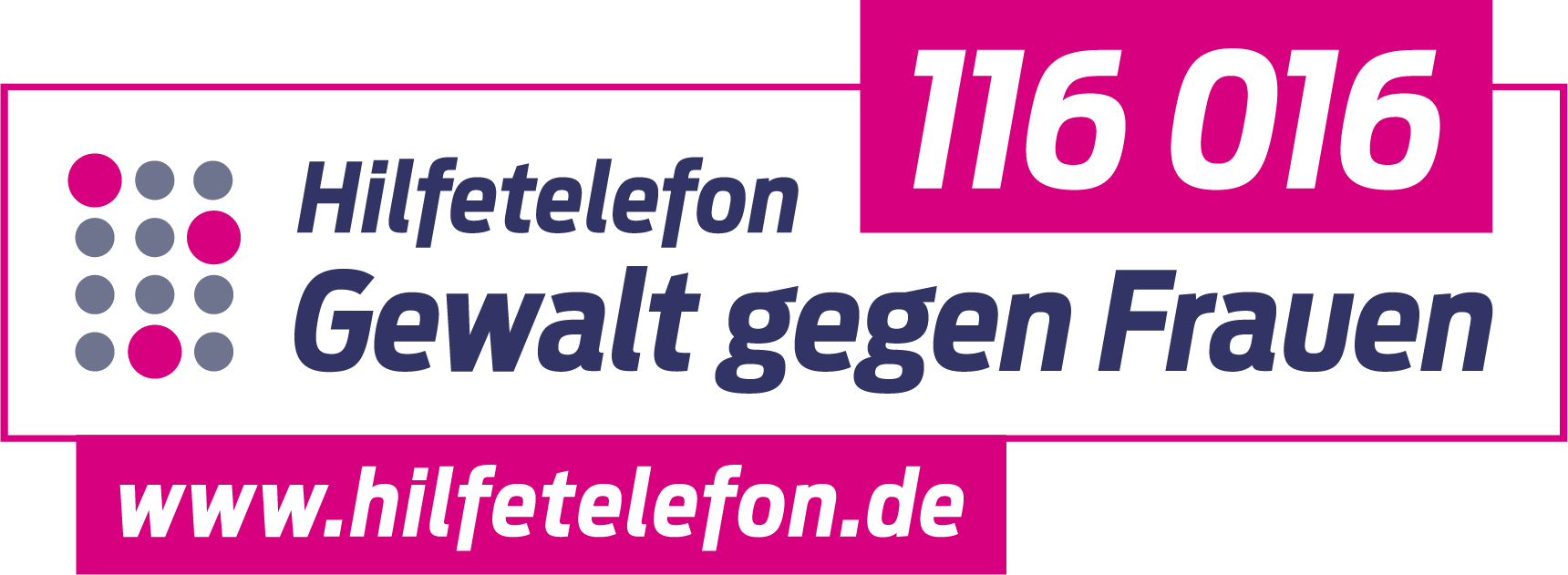 Logo mit der Aufschrift Hilfetelefon Gewalt gegen Frauen, über dem Text steht die neue Telefonnummer mit weißen Zahlen und pinkfarbenen Hintergrund und und ganz unten ist der Link für die Homepage vermerkt