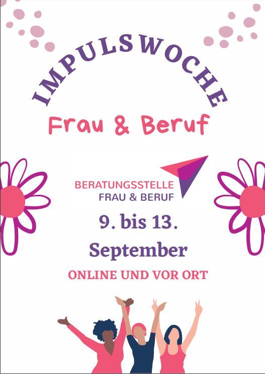 Mittig vom Bild sind auf beiden Seiten eine halbe Blumenblüte zu sehen. Am Bildrand unten sieht man den Oberkörper von drei Frauen, die ihre Arme ausgestreckt in die Luft strecken. Als Text wird auf die Eckdaten der Veranstaltung hingewiesen.