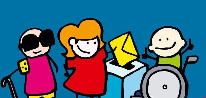 Links steht eine blinde Person mit Blindenstock und Sonnenbrille, rechts daneben hält eine Frau im roten Kleid den Brief in der Hand und neben der Wahlurne ist ein Rollstuhlfahrer zu sehen. Davor steht: Gehen Sie wählen, Ihre Stimme zählt. 