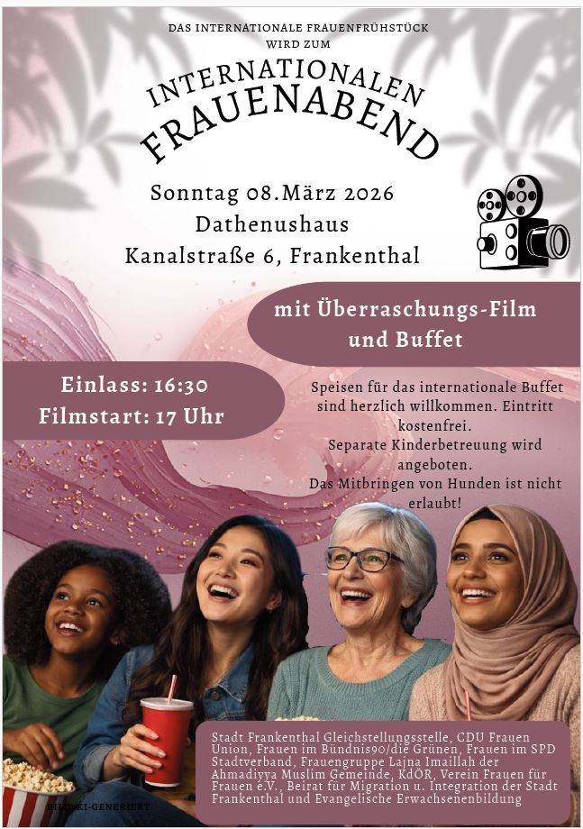 Internationaler Frauenabend am 8. März 2026 Frauen verschiedener Natiionen sind zu sehen, Einladungstext für den Internationalen Frauenabend am 8. März ist aufgeführt