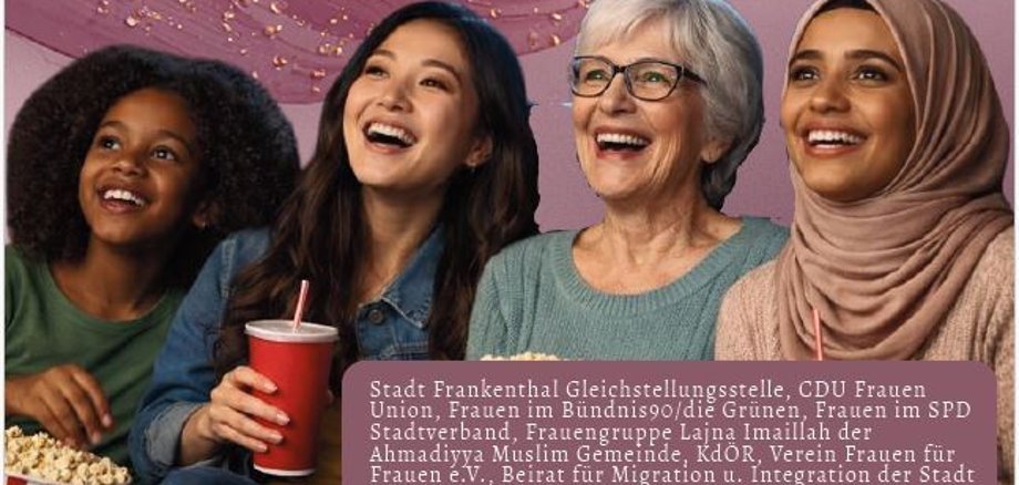 Frauen verschiedener Natiionen sind zu sehen, Einladungstext für den Internationalen Frauenabend am 8. März ist aufgeführt