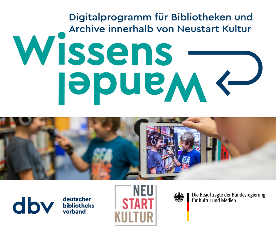 Logos zum Förderprojekt Wissenswandel des Deutschen Bilbliotheksverbands (dbv) im Rahmen von Neustart Kultur der Beauftragten der Bundesregierung für Kultur und Medien (BKM)