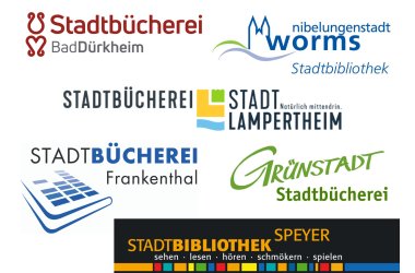 Die Logos der Stadtbibliotheken Worms und Speyer sowie die Logos der Stadtbüchereien Grünstadt, Lampertheim, Bad Dürkheim und Frankenthal sind auf weißem Hintergrund abgebildet.