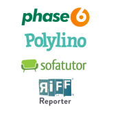 Logo vom Lizenzmanager RLP des Landesbibliothekszentrum RLP Die vier verschiedenfarbigen Logos der vier digitalen Angebote phase6, Polylino, sofatutor und RiffReporter stehen untereinander.
