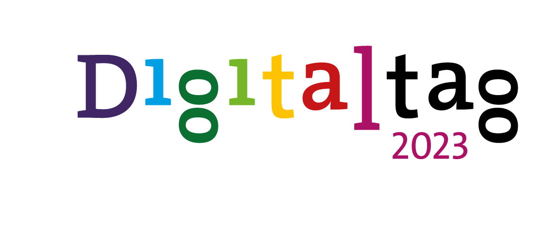 Logo des bundesweiten Digitaltag 2023 Das Wort "Digitaltag 2023" in farbigen Buchstaben, wobei die beiden i als Ziffer Eins geschrieben sind.
