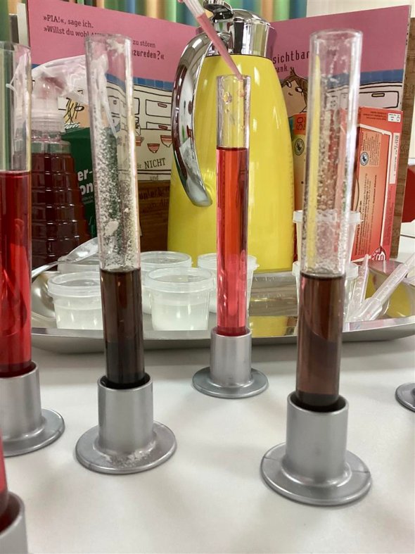 Auf der Forschungsstation stehen vier Reagenzgläser ganz nah mit roter und brauner Flüssigkeit gefüllt.