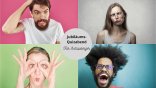 Jubiläums-Quizabend Vier Menschen die Grimassen ziehen und erstaunt schauen. in der Mitte ein Hinweis auf den Jubiläumsquizabend