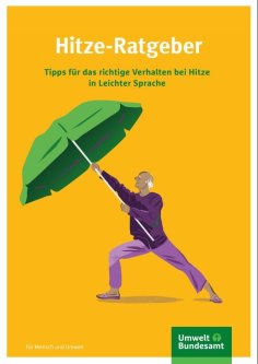 Ein Mann mit weiße Haare trägt einen lila Pullover sowie eine langer lila Hose. Er hält einen sehr großen, grünen Sonnenschirm in der Hand und "wehrt" sich gegen die Sonne. Die Hintergrundfarbe ist gelb. 
