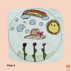 Zeichnung von Strohhut mit Sonne, Wolken und Blumen im Hintergrund